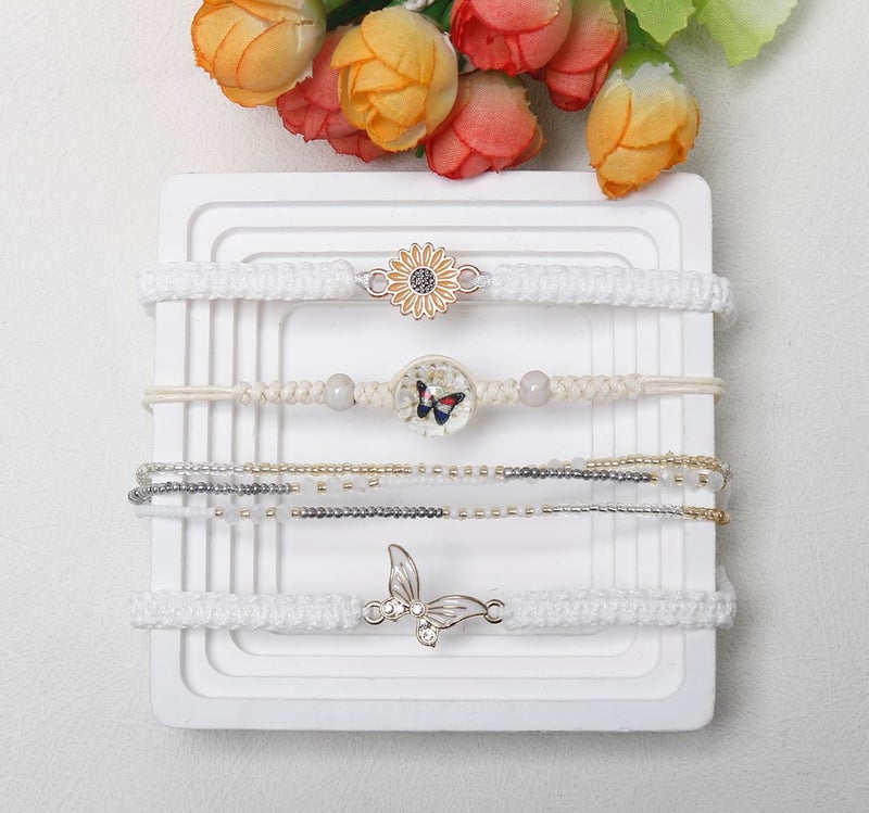 DS 4PCS String beads Charm Bracelets for Teen Girls Dainty cute cartoon Butterfly Daisy Eternal flower Beads Bracelets set for woman and girls Adjustable Stretch bracelet birthday Gift For Friends - Image 5